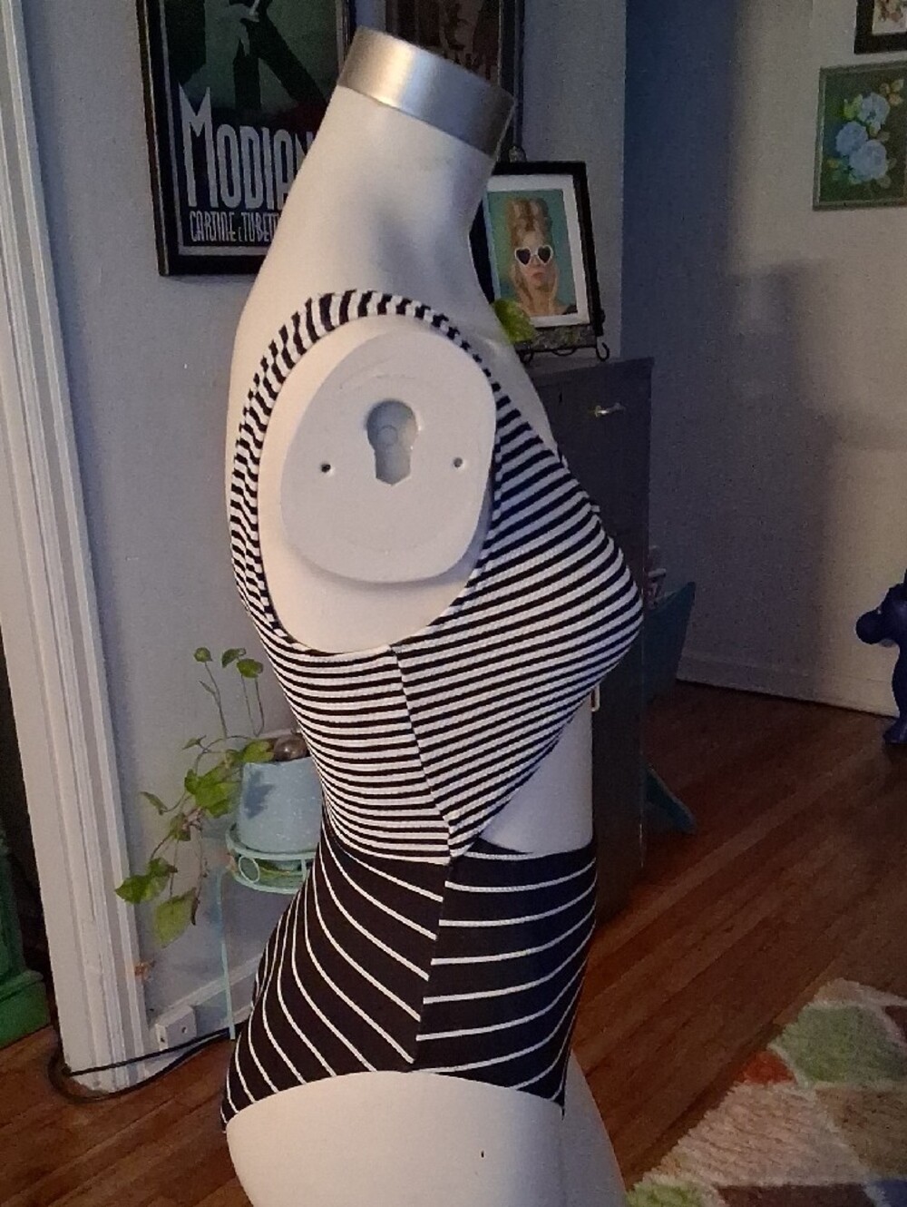 Old Navy Black and White Striped Cutout Ring One-Piece Swimsuit - Picture 2 of 5